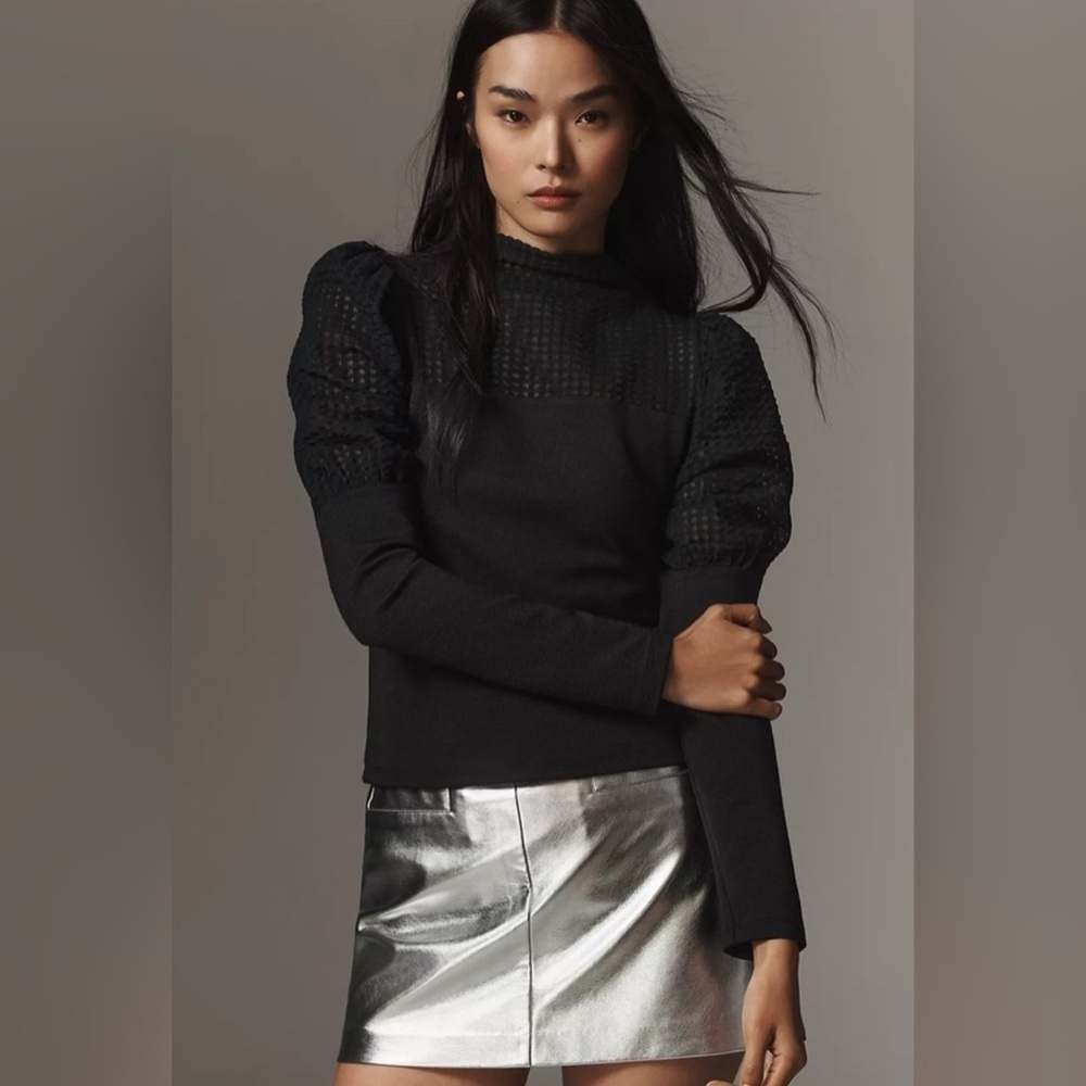 Anthropologie Maeve Mutton-Sleeve Mock-Neck Slim Black Top Whimsigoth Size M
